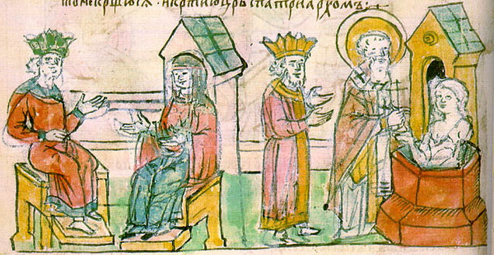 Olga de Kiev en Constantinopla. Con Constantino VII y su bautismo