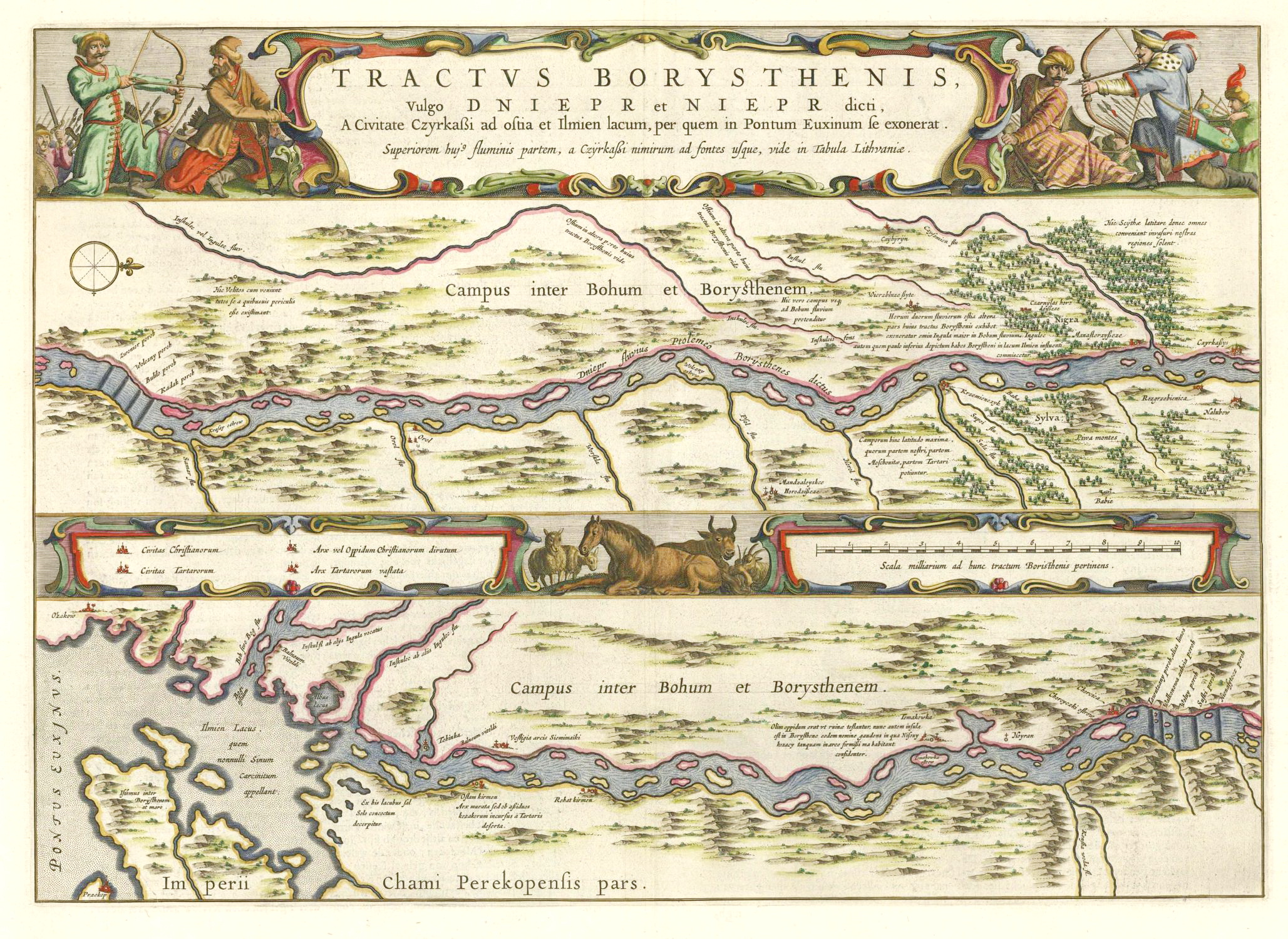 Johannes Blaeu (Amsterdam). Atlas Maior. Muestra el curso del Dniéper desde Cherkasy hasta la desembocadura del Mar Negro.